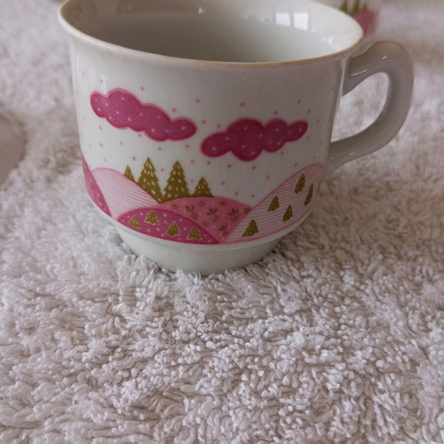Greek coffee cups used, porcelain set of 5 with saucers