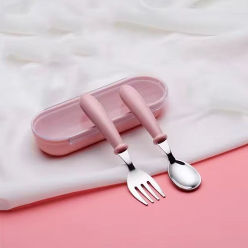 Children's knife and spoon in pink carrying case, new