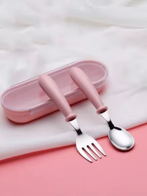Children's knife and spoon in pink carrying case, new