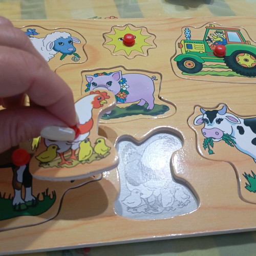 Wooden puzzle used with farm theme, missing one peg