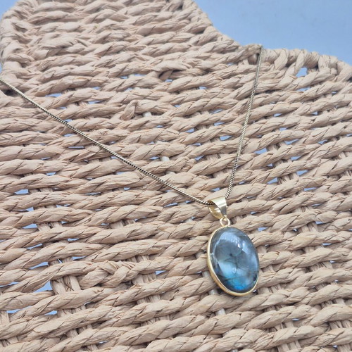 Labradorite Cabochon Brass Necklace with Oval Pendant