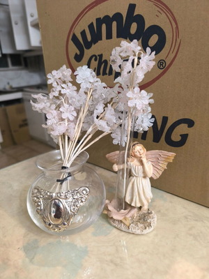 Glass decorative vase and angel with white flowers like new