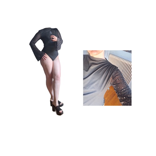 Boohoo black bodysuit with rhinestones and bell sleeves like new