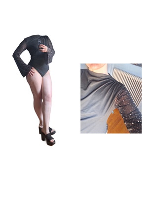 Boohoo black bodysuit with rhinestones and bell sleeves like new