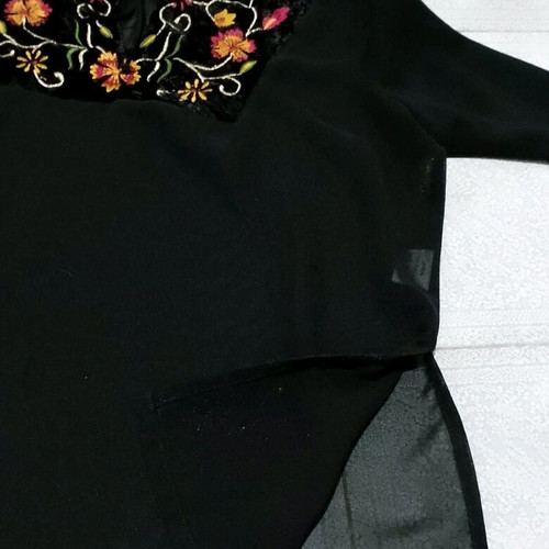 Sheer peasant top like new with embroidered velvet neck and cuffs