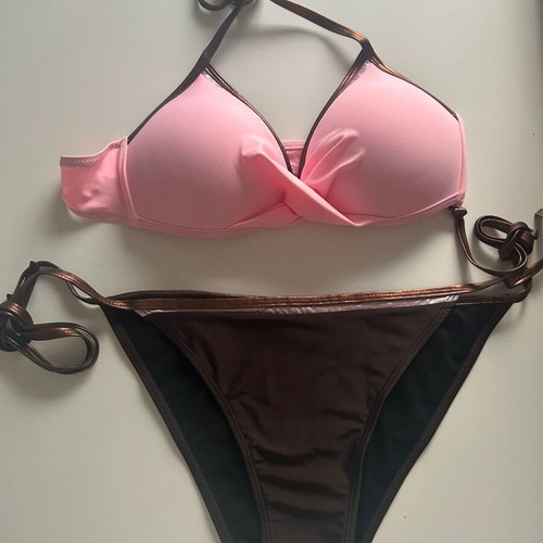 Bikini swimsuit triangle with ties and bra, new, brown, size L