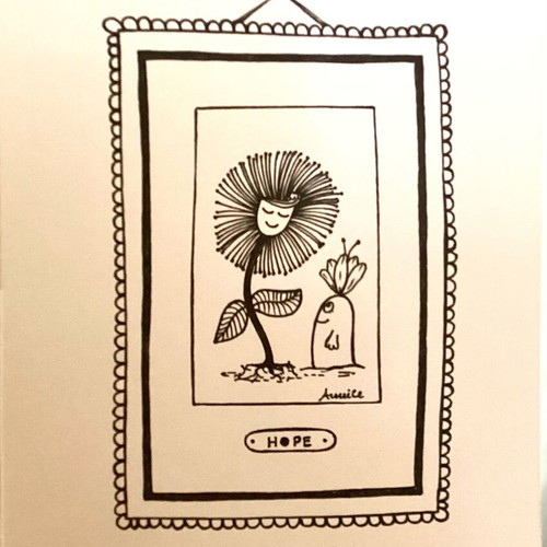 Flower with creature sketch new, original pen drawing frame