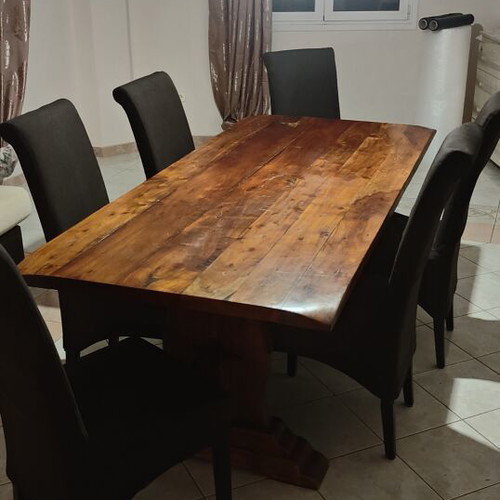 Monastic dining set with solid wood table and 6 fabric chairs, like new