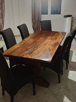 Monastic dining set with solid wood table and 6 fabric chairs, like new