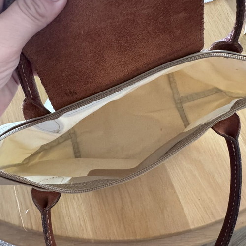 Longchamp Le Pliage handbag used, beige with brown leather details