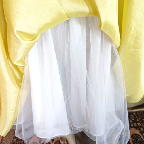 Vintage satin dress s/m with petticoat, strapless with optional straps, yellow