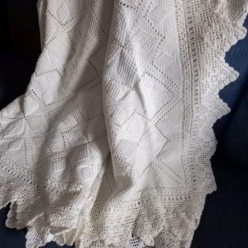 Handmade double knitted blanket new, white with lace