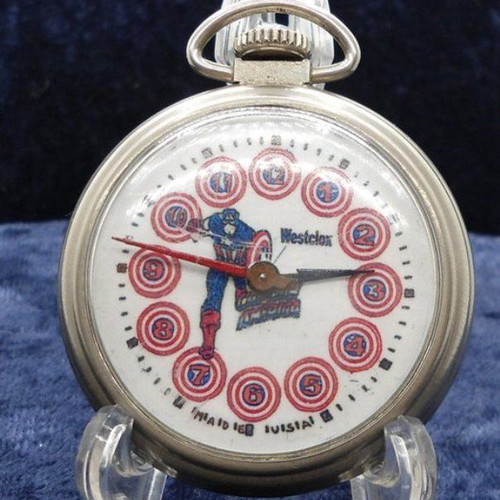 Westclox pocket watch used with Captain America dial, 1960s
