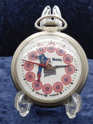Westclox pocket watch used with Captain America dial, 1960s