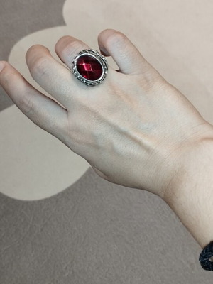 Statement cocktail ring with large red stone and rhinestones