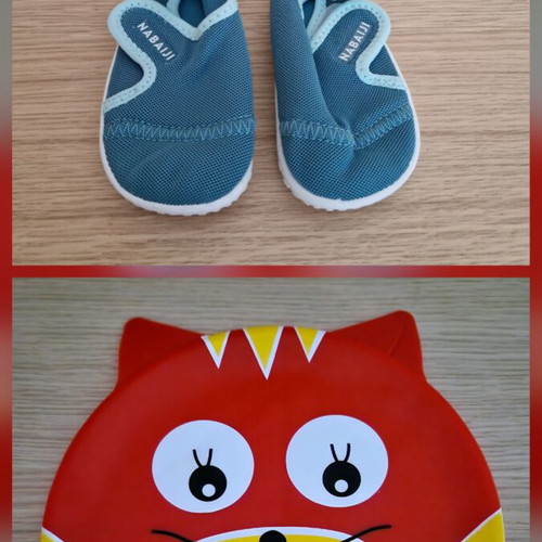 Baby beach shoes size 22-23 and waterproof silicone swimming cap with cat design