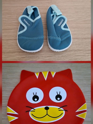 Baby beach shoes size 22-23 and waterproof silicone swimming cap with cat design