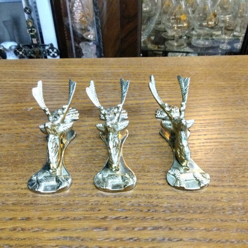 Set of brass reindeer door handles in golden tone like new, 3 pieces