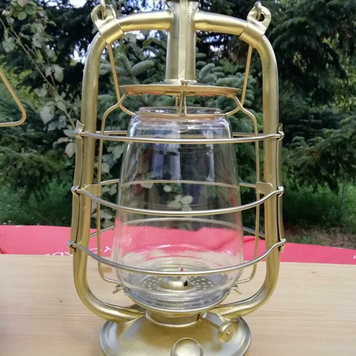 Postwar English Storm Lantern refurbished, gold with original glass
