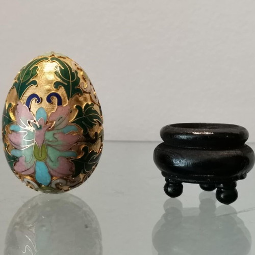 Cloisonne egg vintage used with floral motifs and wooden base