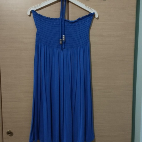 Women's blue strapless dress with neck tie