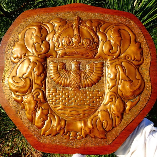 Copper panel with Isis, crown and fortress used, handmade