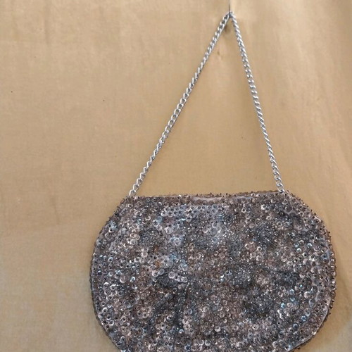 Women’s evening bag silver hand-held like new with beads and sequins