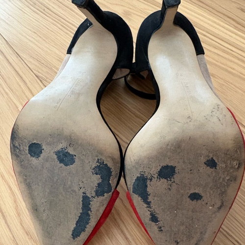 Zara suede pumps used, tricolor red, black, beige, ankle strap, 9cm heel