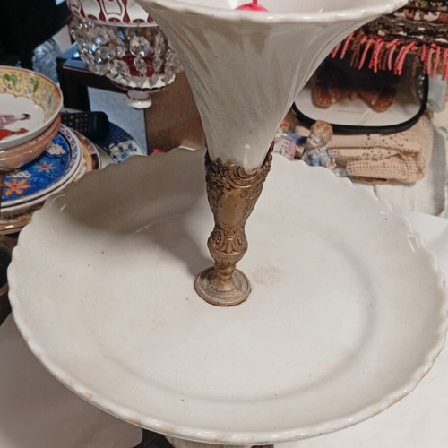 Two-tier tazza style vintage porcelain and bronze centerpiece
