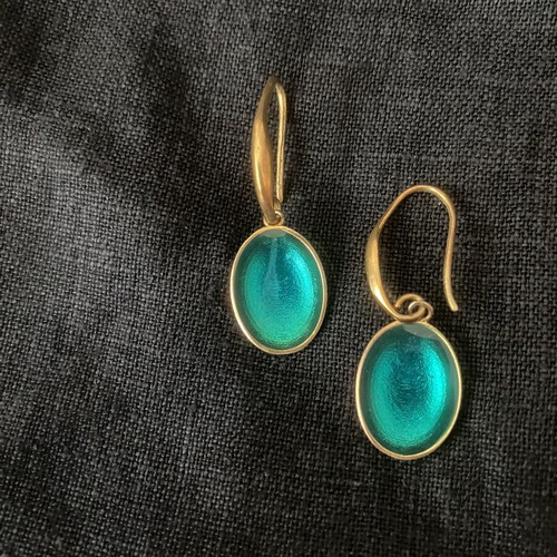 Gold-tone earrings with oval turquoise enamel, like new, handmade vintage style