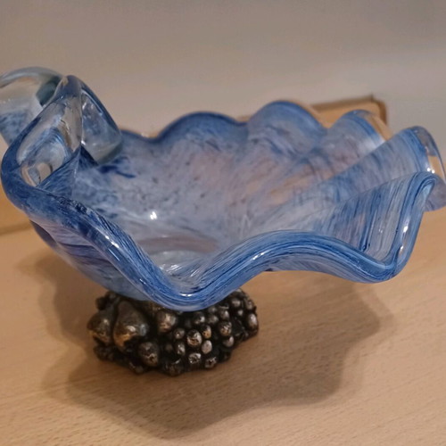 Crystal cup vintage medium size blue color with crumpled side