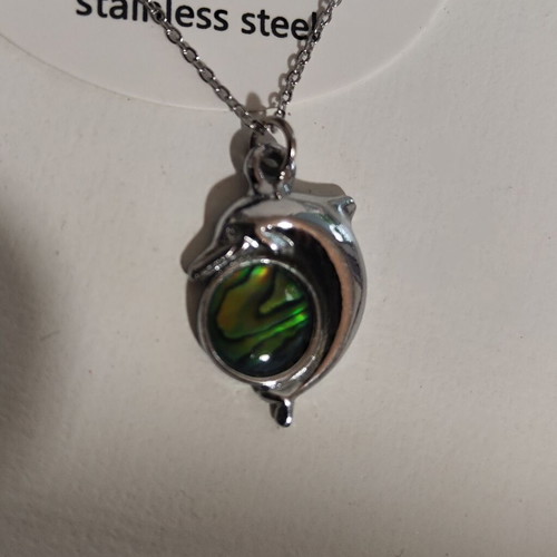 Dolphin necklace with azurite stone and stainless steel chain new