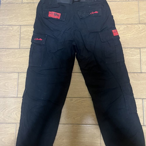 Corteiz cargo pants, black with red logo, medium-large