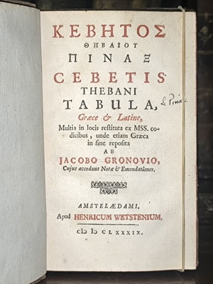Cebetis Thebani Tabula 1689 употребявана, гръцки и латински текст
