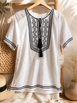 Greek Boho Embroidered Tunic new with tags, white and blue