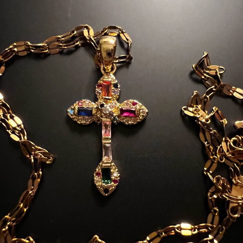 Cross with stones gold color new with gift chain