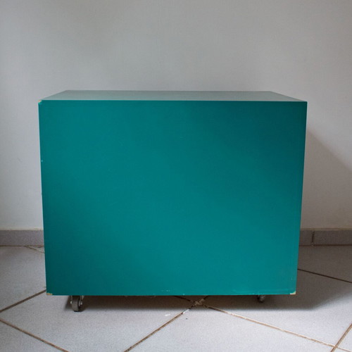 Wooden drawer cabinet used green with 3 drawers and wheels