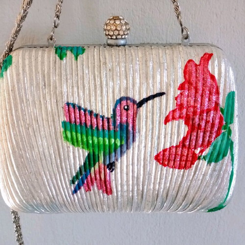 Vintage clutch shoulder bag refurbished with handmade hummingbird pattern silver multicolor