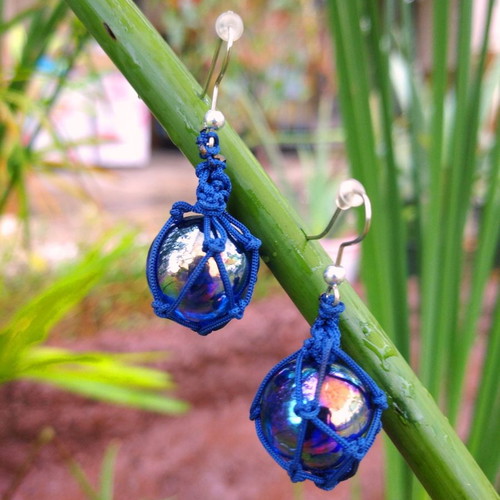 Earrings with macrame art, handmade, new, blue