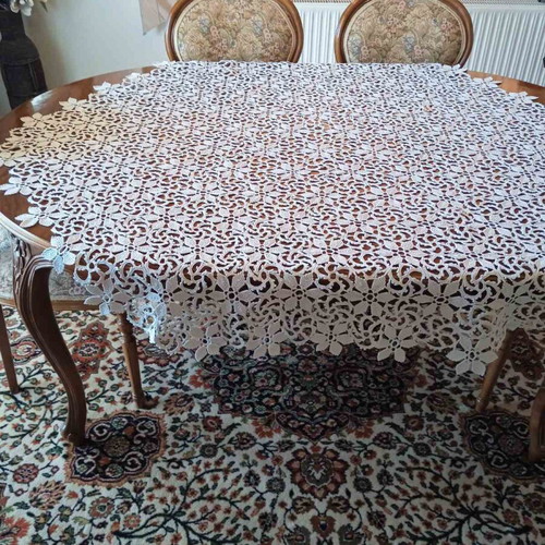 Knitted tablecloth like new, handmade, light beige