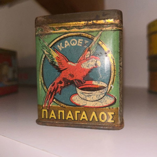Loumides tin box used, rare Greek coffee packaging
