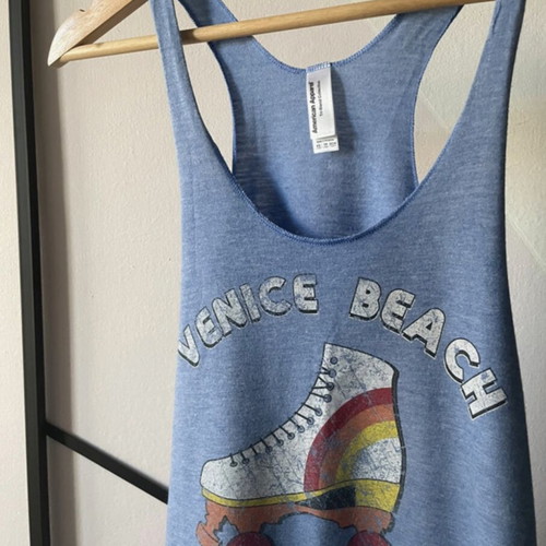 American Apparel tank top with Venice Beach roller skate print, new, blue, XS