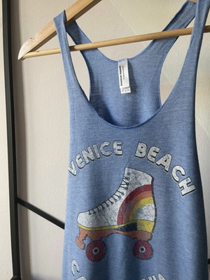 American Apparel tank top with Venice Beach roller skate print, new, blue, XS