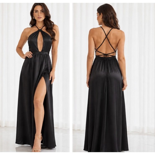 Zini iconic maxi satin slit backless halter dress