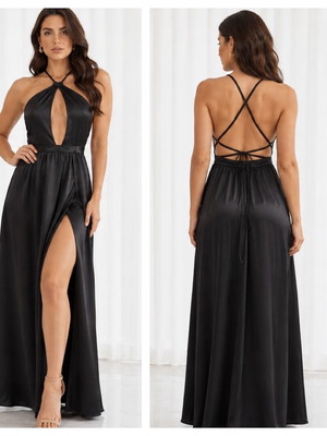 Zini iconic maxi satin slit backless halter dress