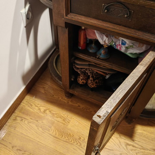 Antique solid walnut entryway furniture with carving, mirror and marble