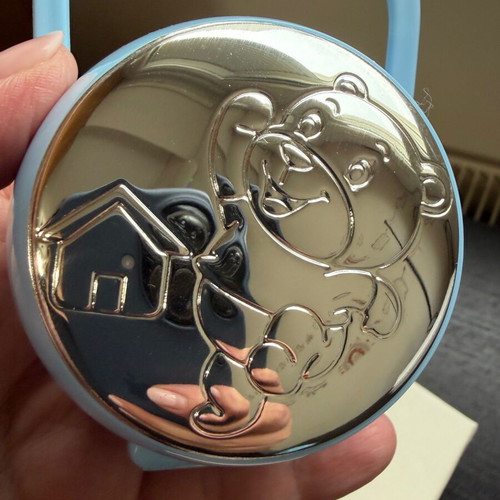 Pacifier Box new, plastic with silver, blue