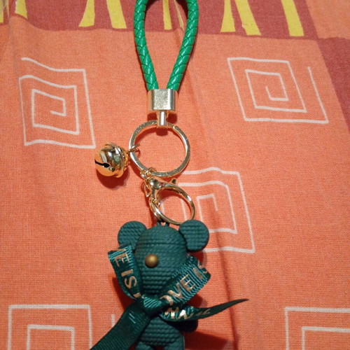 Fashion keychain Bear with bell new, green and gold