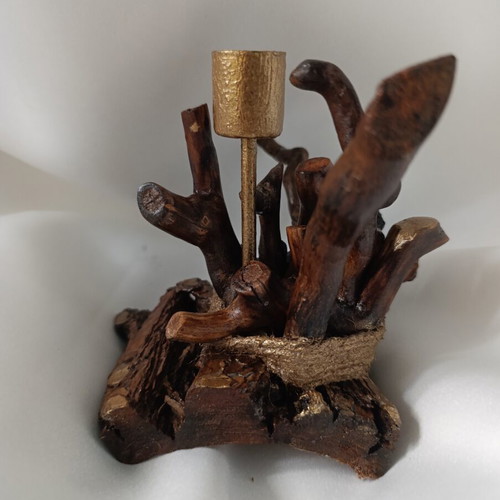 Handcrafted Driftwood Art Candle Holder with Gold Accents