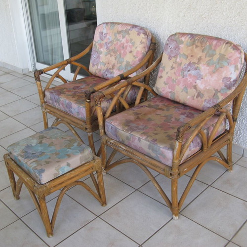 2 McGuire style rattan armchairs and 1 stool with cushions